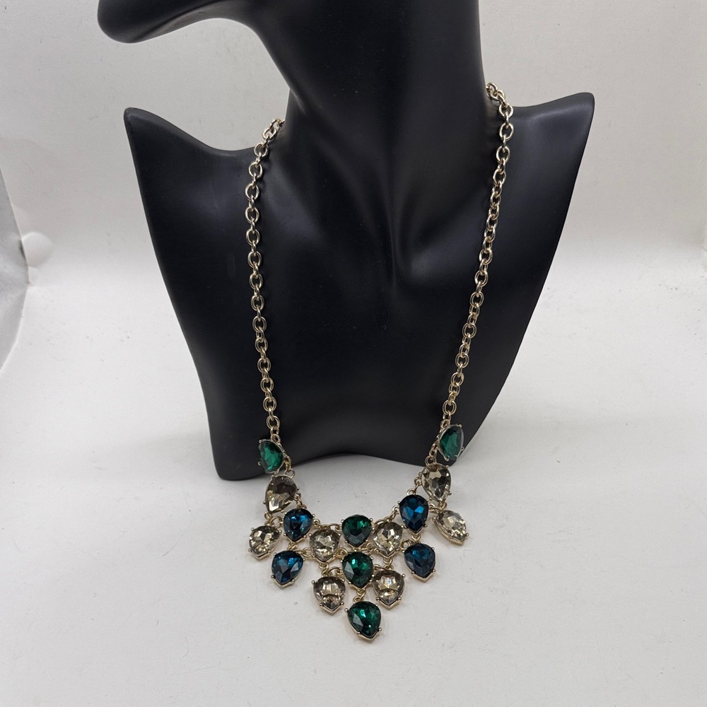 Gold Tone Statement Bib Necklace Green Blue Teardrop Crystal Glam Chunky Boho